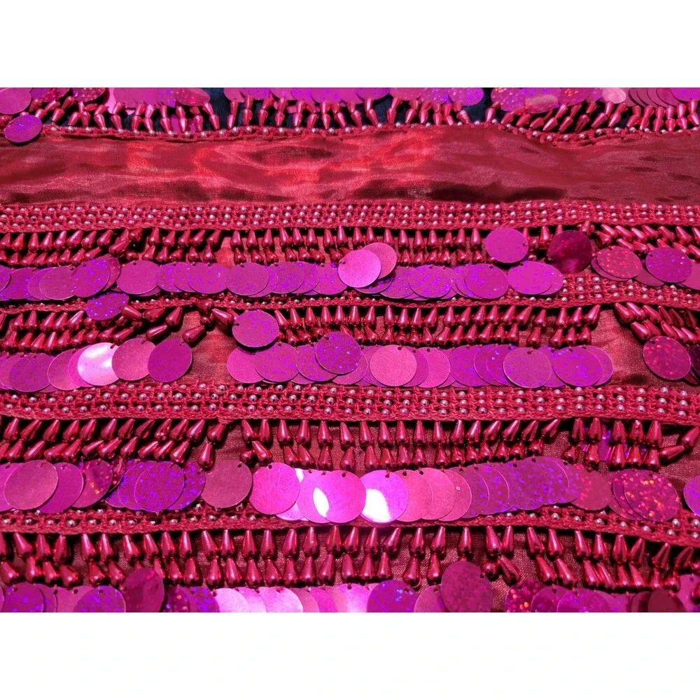 Belly Dance Paillette Hip Scarf Burgundy Magenta Beaded Fringe Preowned Costume